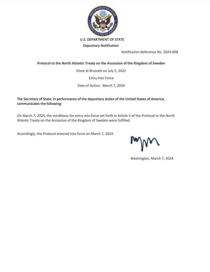 Швеция стала 32-м членом НАТО